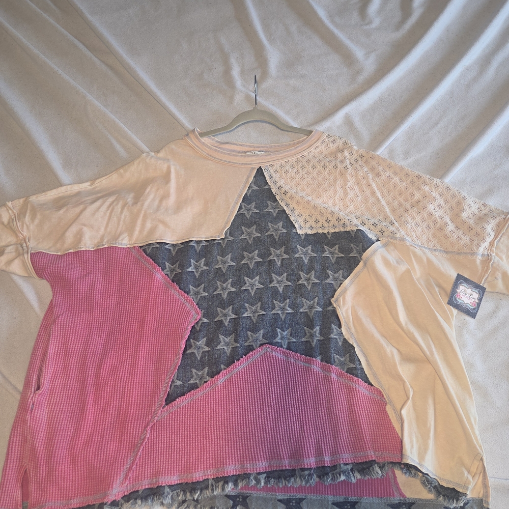Oli & Hali Soft Pink and Gray Lace Blouse XS Oversized Fit